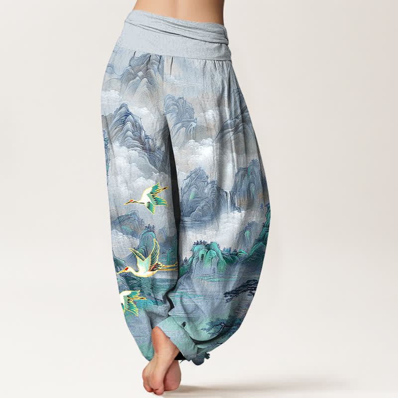 Buddha Stones Pantalon harem pour femme en coton à motif de grues à couronne rouge et paysage oriental, taille élastique - image 9