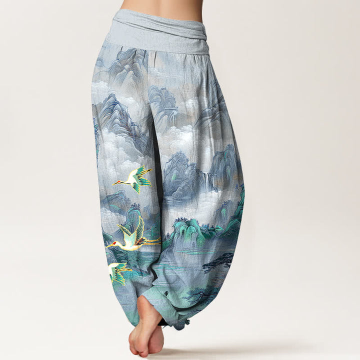 Buddha Stones Pantalon harem pour femme en coton à motif de grues à couronne rouge et paysage oriental, taille élastique - image 9
