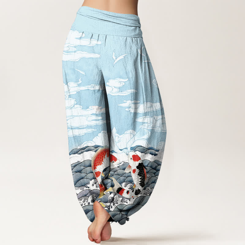 Buddha Stones Pantalon harem à taille élastique pour femme, en coton, motif vagues et poissons koi - image 1