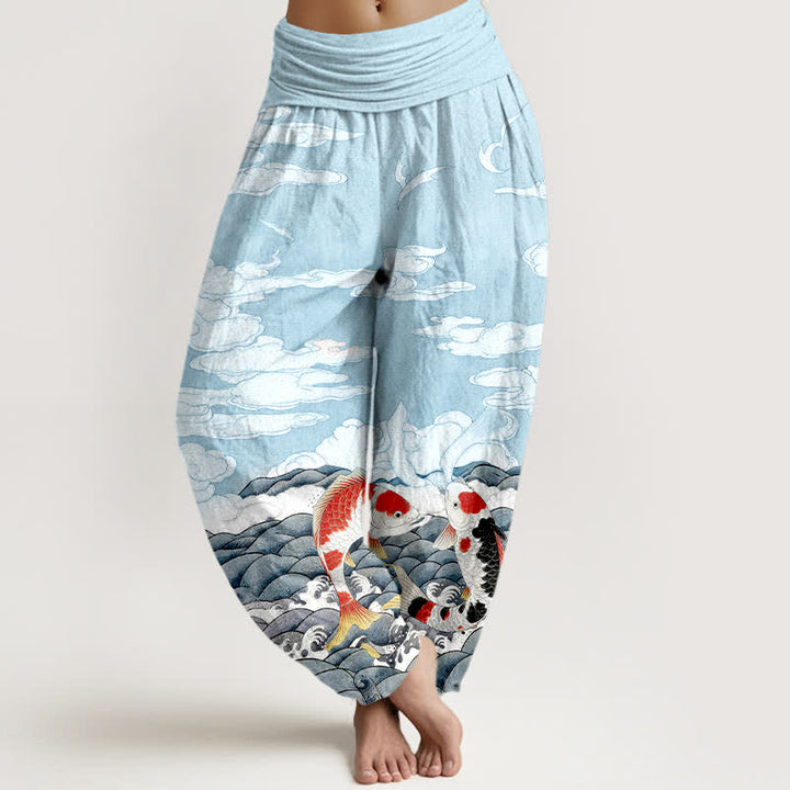 Buddha Stones Pantalon harem à taille élastique pour femme, en coton, motif vagues et poissons koi - Turquoise pâle - US16，UK/AU20，EU48 (3XL) - image 0