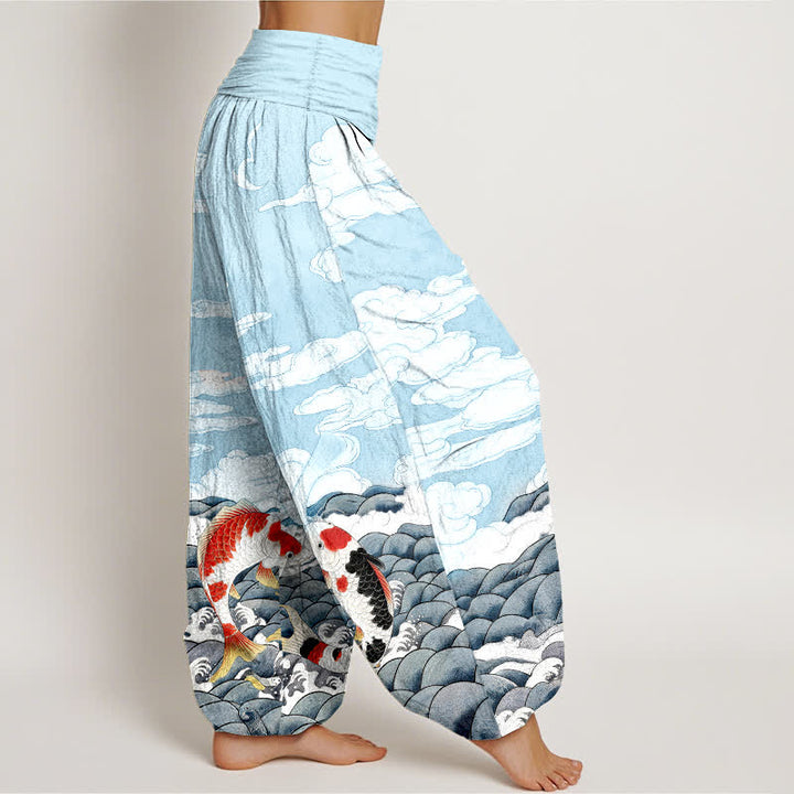 Buddha Stones Pantalon harem à taille élastique pour femme, en coton, motif vagues et poissons koi - image 2