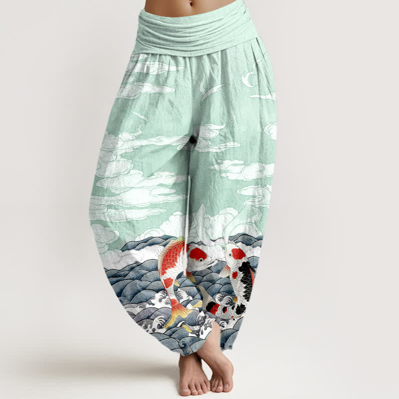 Buddha Stones Pantalon harem à taille élastique pour femme, en coton, motif vagues et poissons koi - Bleu vert - US16，UK/AU20，EU48 (3XL) - image 5