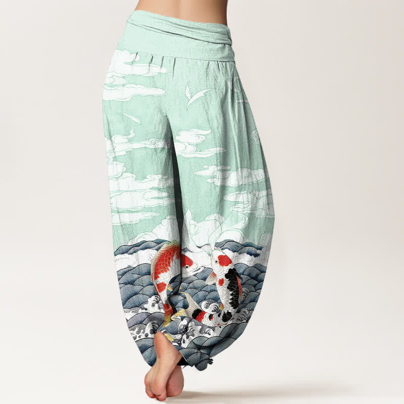 Buddha Stones Pantalon harem à taille élastique pour femme, en coton, motif vagues et poissons koi - image 6