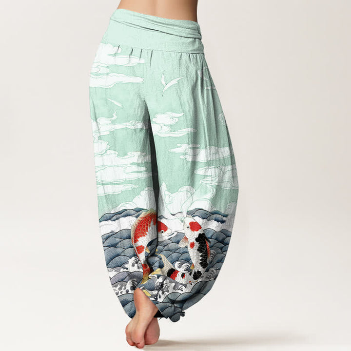 Buddha Stones Pantalon harem à taille élastique pour femme, en coton, motif vagues et poissons koi - image 6
