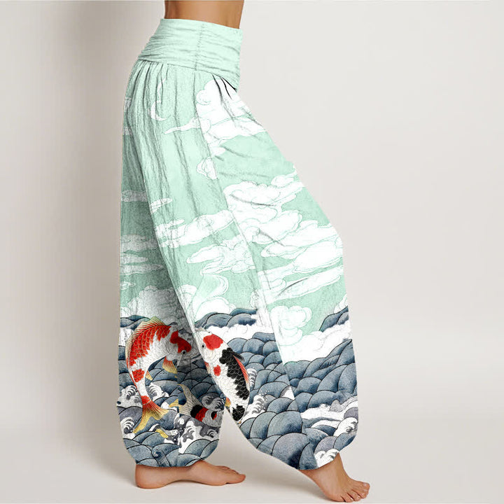 Buddha Stones Pantalon harem à taille élastique pour femme, en coton, motif vagues et poissons koi - image 7