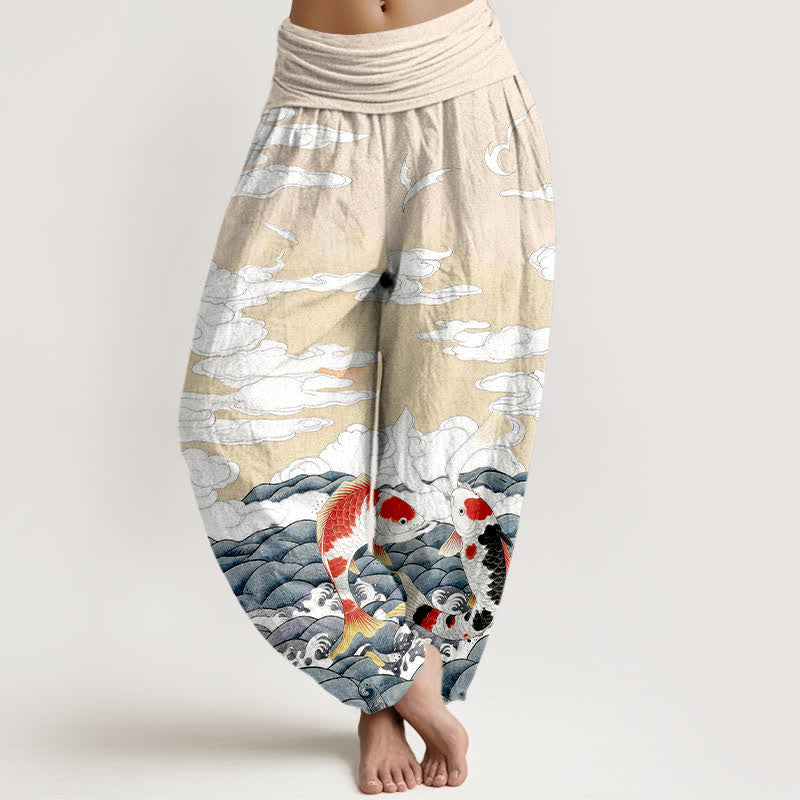 Buddha Stones Pantalon harem à taille élastique pour femme, en coton, motif vagues et poissons koi - Beige - US16，UK/AU20，EU48 (3XL) - image 8