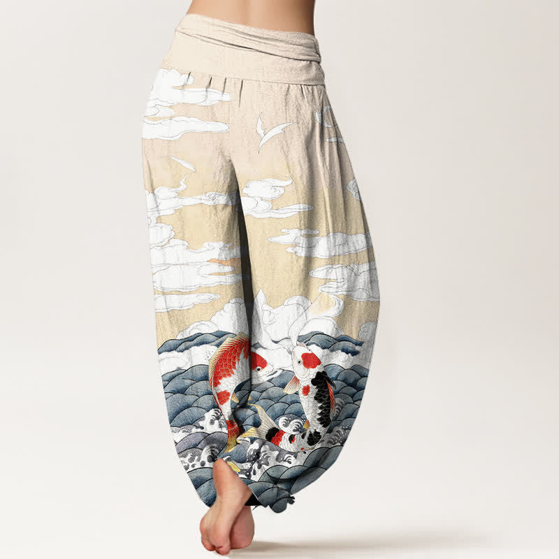 Buddha Stones Pantalon harem à taille élastique pour femme, en coton, motif vagues et poissons koi - image 9