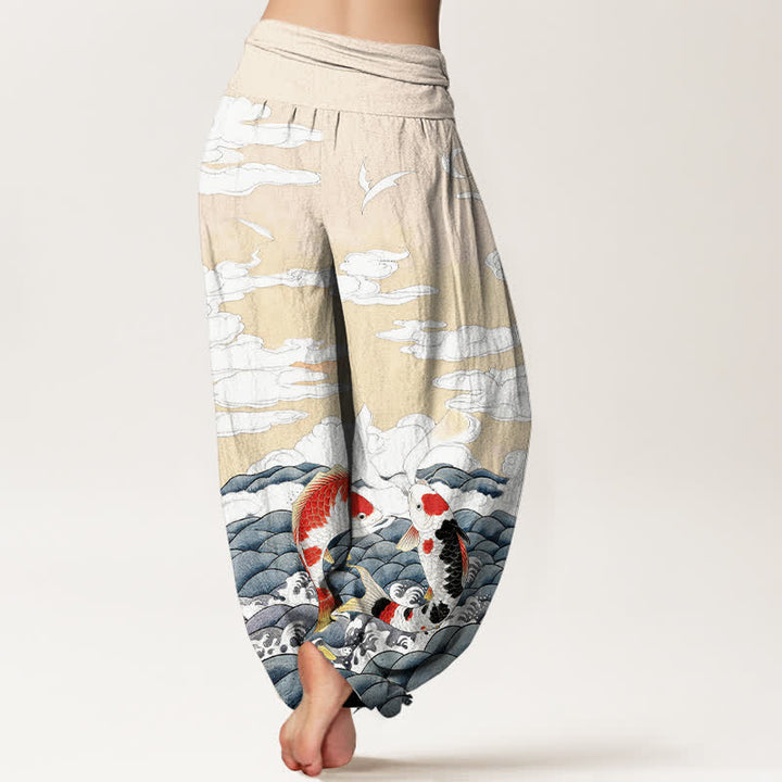 Buddha Stones Pantalon harem à taille élastique pour femme, en coton, motif vagues et poissons koi - image 9
