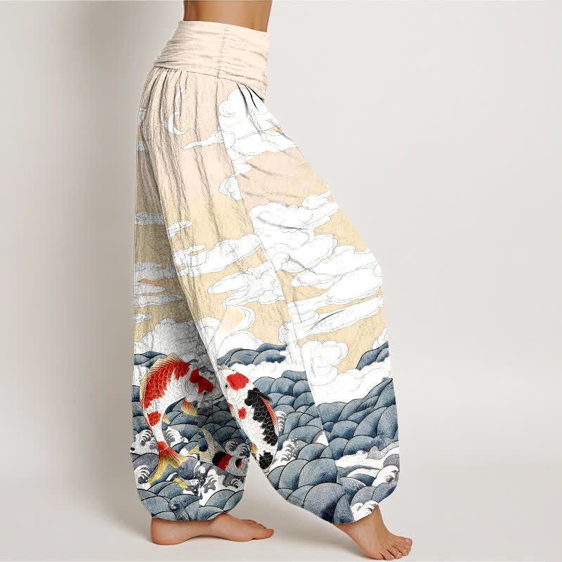 Buddha Stones Pantalon harem à taille élastique pour femme, en coton, motif vagues et poissons koi - image 10