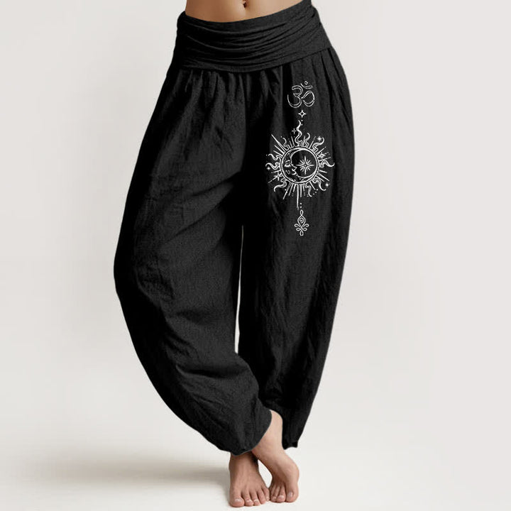 Buddha Stones Pantalon harem pour femme en pur coton blanc à motif mandala Om et soleil, taille élastique - Noir - US16，UK/AU20，EU48 (3XL) - image 5