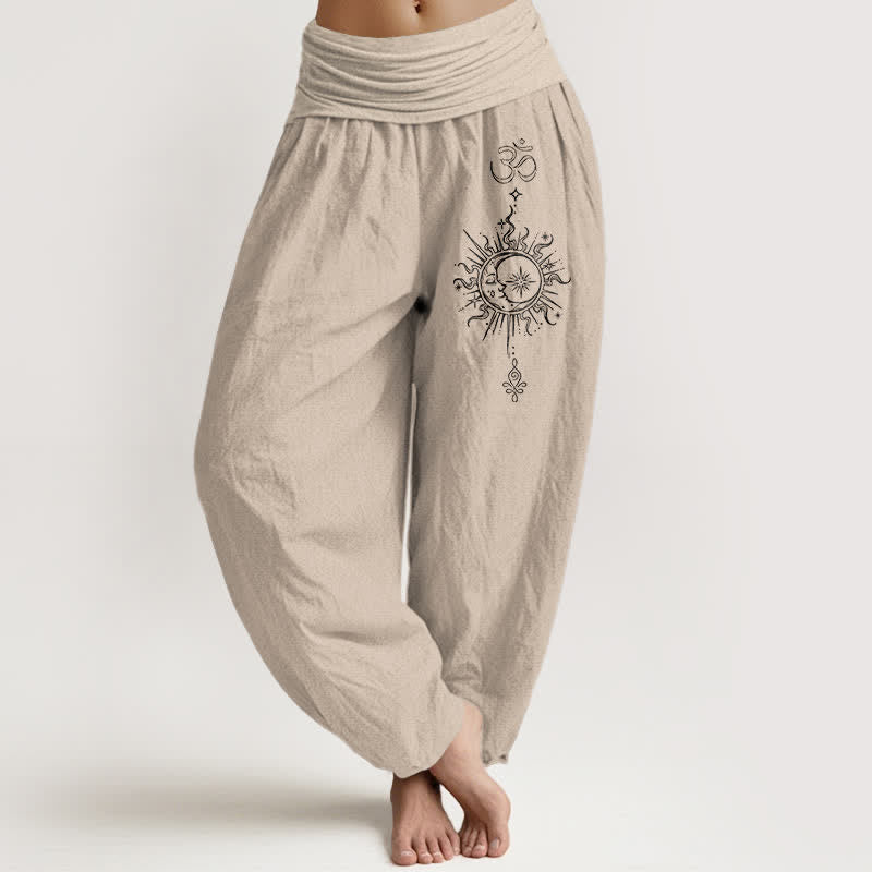 Buddha Stones Pantalon harem pour femme en pur coton blanc à motif mandala Om et soleil, taille élastique - Tanné - US16，UK/AU20，EU48 (3XL) - image 14