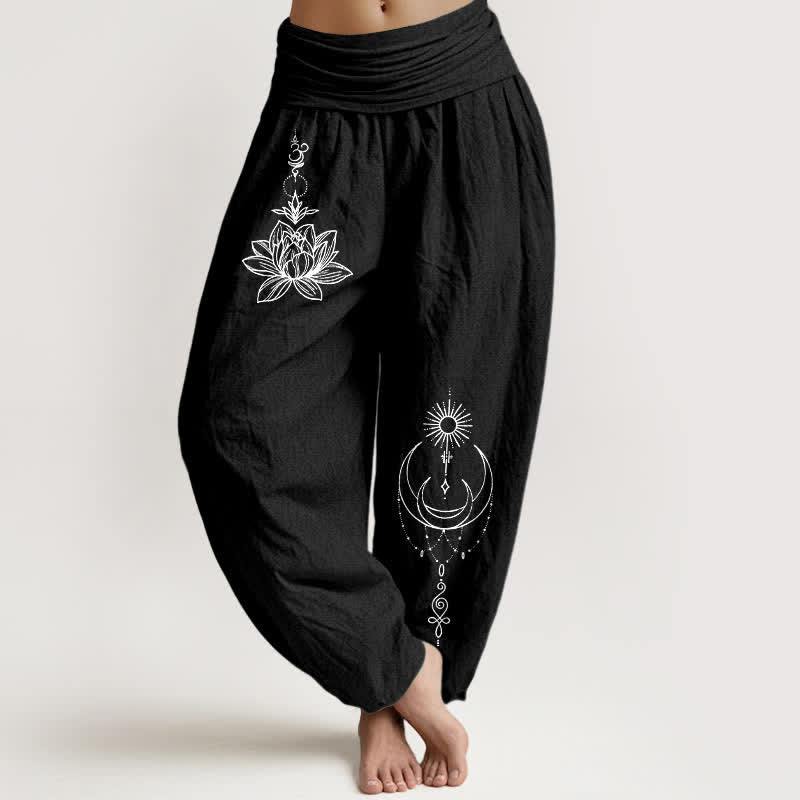 Buddha Stones Pantalon harem pour femme en pur coton, motif lotus, lune et soleil, taille élastique - Noir - US16，UK/AU20，EU48 (3XL) - image 0