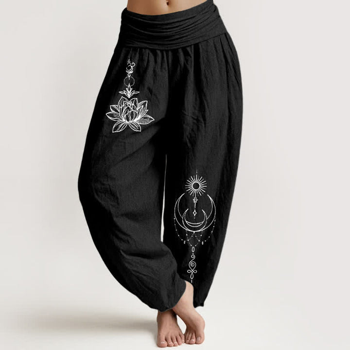 Buddha Stones Pantalon harem pour femme en pur coton, motif lotus, lune et soleil, taille élastique - Noir - US16，UK/AU20，EU48 (3XL) - image 0