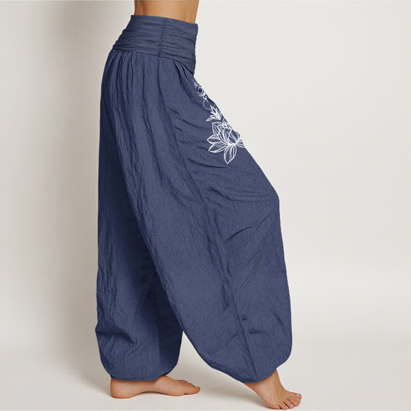 Buddha Stones Pantalon harem pour femme en pur coton, motif lotus, lune et soleil, taille élastique - image 6