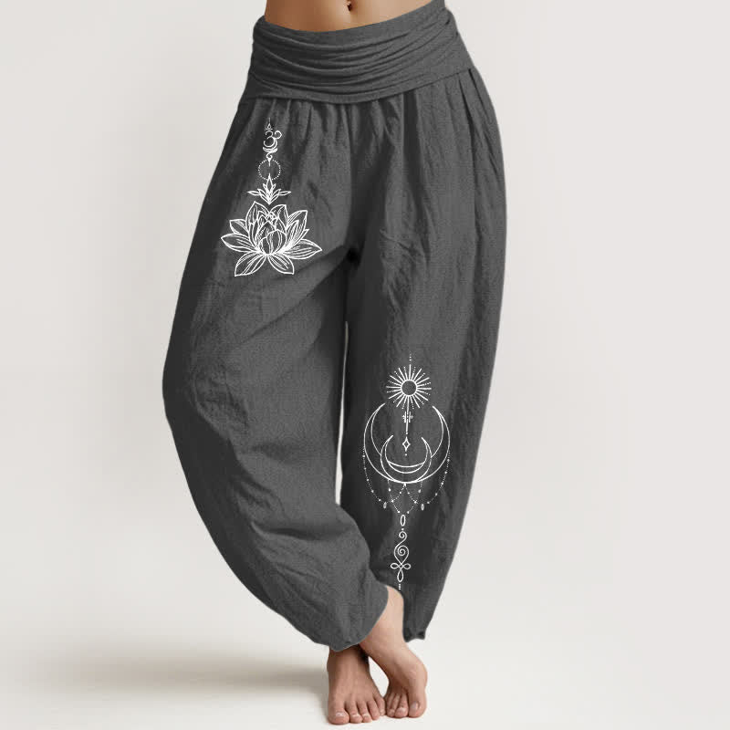 Buddha Stones Pantalon harem pour femme en pur coton, motif lotus, lune et soleil, taille élastique - Gris terne - US16，UK/AU20，EU48 (3XL) - image 8