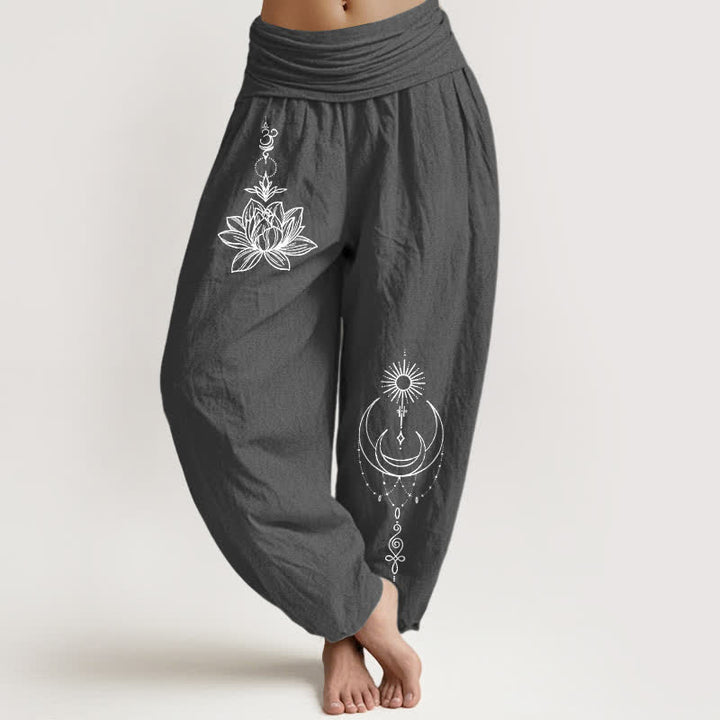 Buddha Stones Pantalon harem pour femme en pur coton, motif lotus, lune et soleil, taille élastique - Gris terne - US16，UK/AU20，EU48 (3XL) - image 8