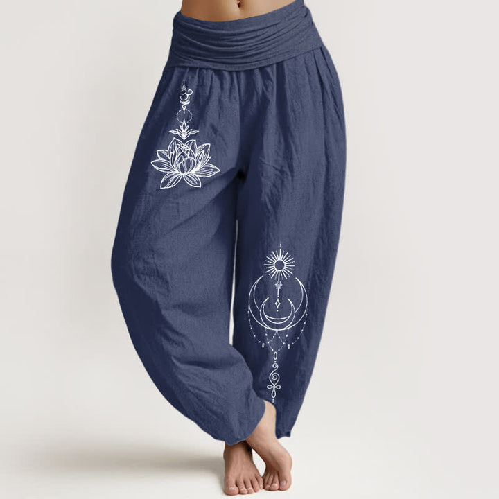 Buddha Stones Pantalon harem pour femme en pur coton, motif lotus, lune et soleil, taille élastique - Bleu ardoise foncé - US16，UK/AU20，EU48 (3XL) - image 5