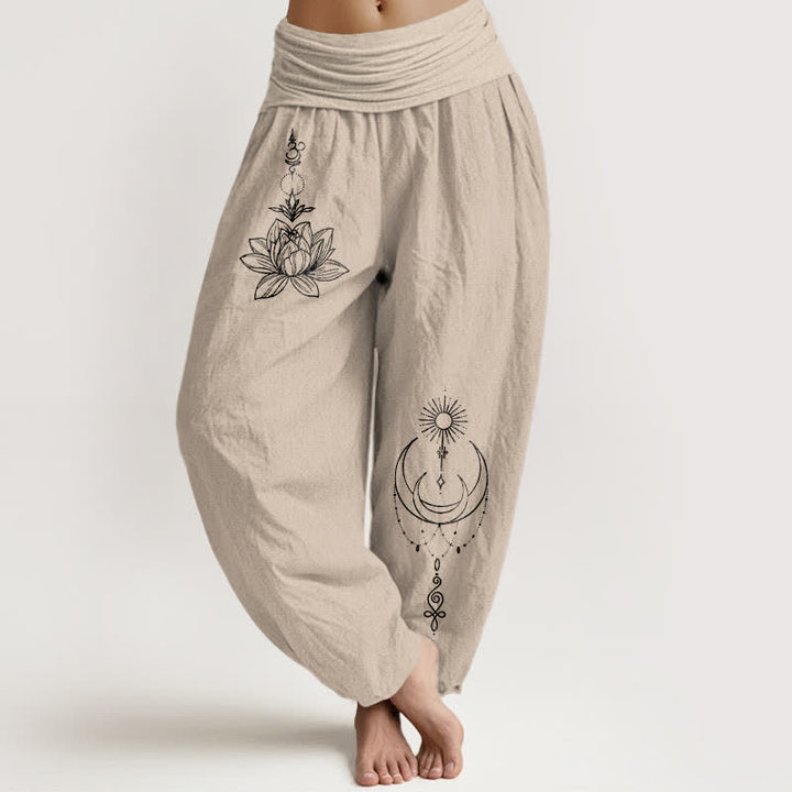 Buddha Stones Pantalon harem pour femme en pur coton, motif lotus, lune et soleil, taille élastique - Tanné - US16，UK/AU20，EU48 (3XL) - image 14