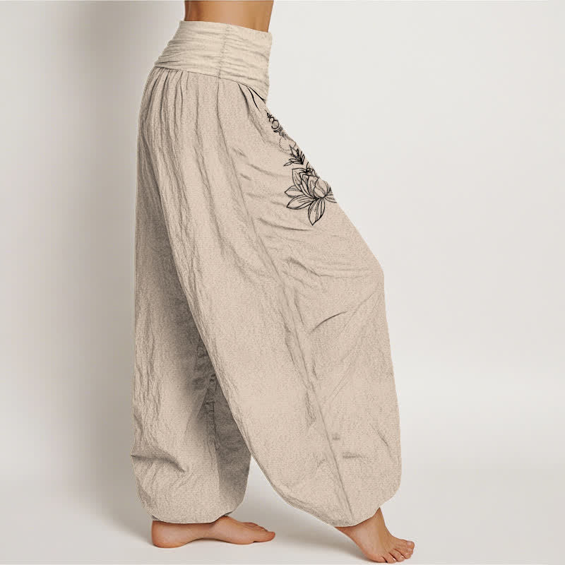 Buddha Stones Pantalon harem pour femme en pur coton, motif lotus, lune et soleil, taille élastique - image 15