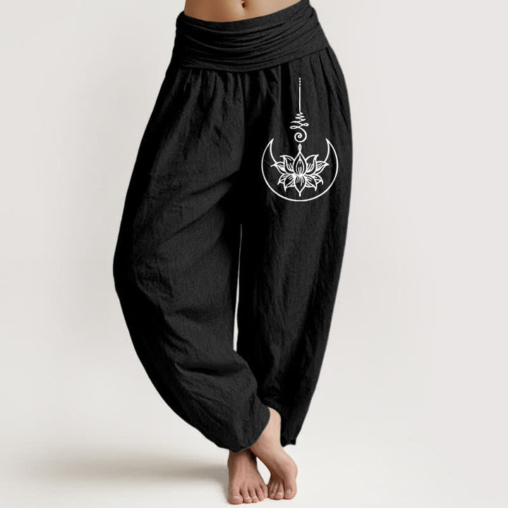 Buddha Stones Pantalon harem pour femme en pur coton, motif lotus sacré et lune, taille élastique - Noir - US16，UK/AU20，EU48 (3XL) - image 5