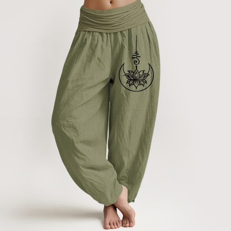 Buddha Stones Pantalon harem pour femme en pur coton, motif lotus sacré et lune, taille élastique - Vert olive - US16，UK/AU20，EU48 (3XL) - image 11
