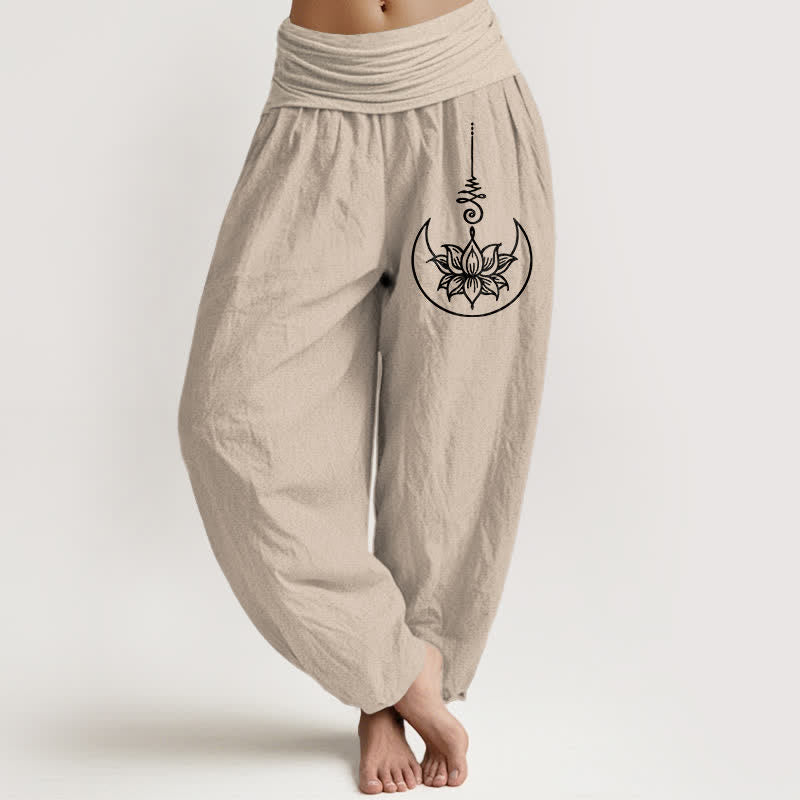Buddha Stones Pantalon harem pour femme en pur coton, motif lotus sacré et lune, taille élastique - Tanné - US16，UK/AU20，EU48 (3XL) - image 14