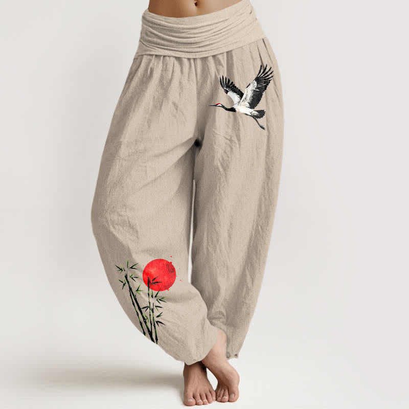 Buddha Stones Pantalon harem pour femme en pur coton, motif grue volante et soleil rouge, taille élastique - Tanné - US16，UK/AU20，EU48 (3XL) - image 0