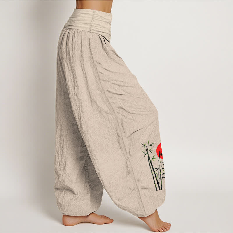 Buddha Stones Pantalon harem pour femme en pur coton, motif grue volante et soleil rouge, taille élastique - image 1