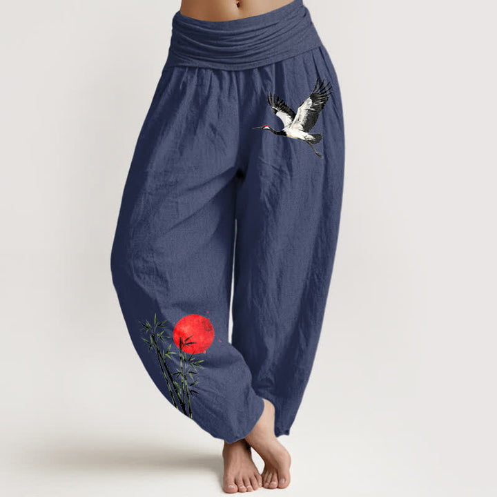 Buddha Stones Pantalon harem pour femme en pur coton, motif grue volante et soleil rouge, taille élastique - Bleu ardoise foncé - US16，UK/AU20，EU48 (3XL) - image 5