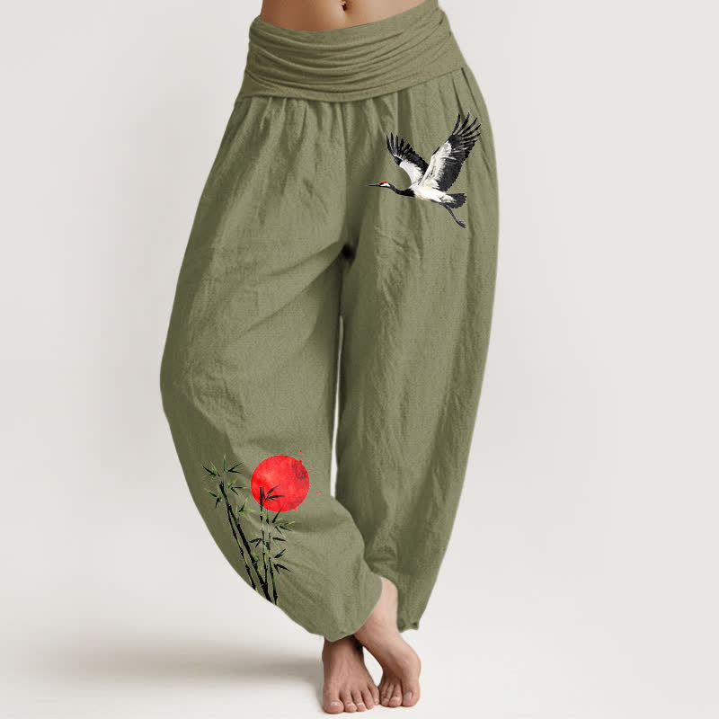 Buddha Stones Pantalon harem pour femme en pur coton, motif grue volante et soleil rouge, taille élastique - Vert olive - US16，UK/AU20，EU48 (3XL) - image 8