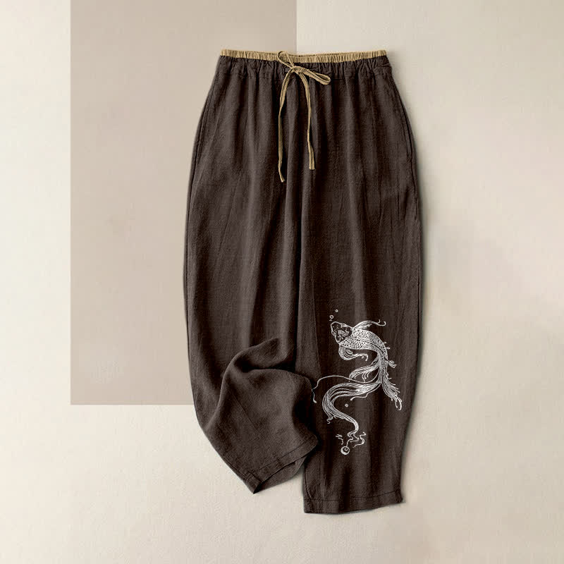 Buddha Stones Pantalon pour femme en pur coton blanc à motif de carpes koï, taille élastique et poches - SaddleBrown - US16，UK/AU20，EU48 (3XL) - image 5