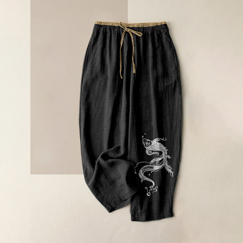 Buddha Stones Pantalon pour femme en pur coton blanc à motif de carpes koï, taille élastique et poches - Noir - US16，UK/AU20，EU48 (3XL) - image 4