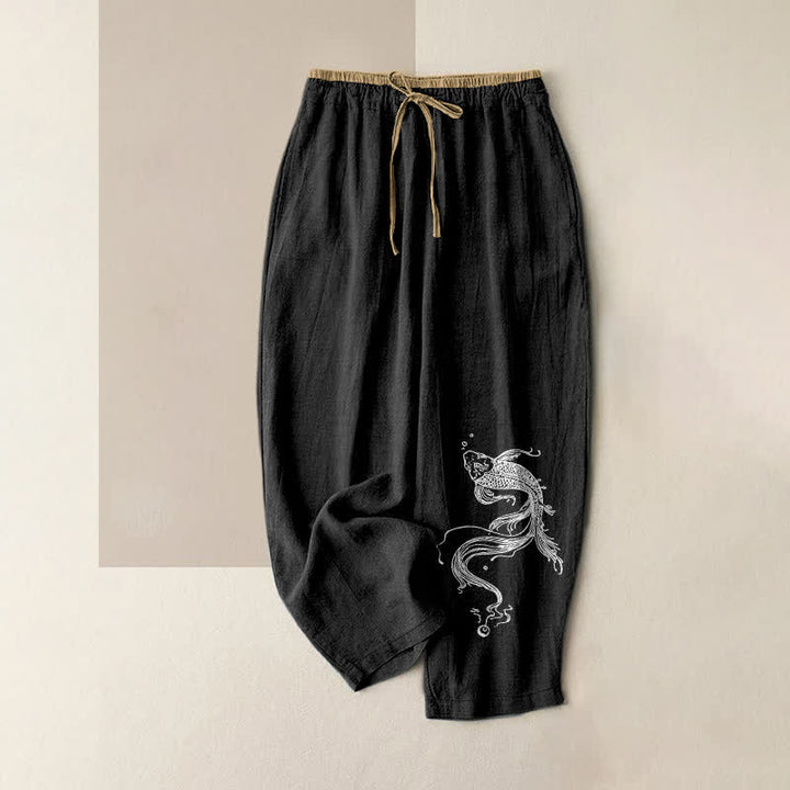 Buddha Stones Pantalon pour femme en pur coton blanc à motif de carpes koï, taille élastique et poches - Noir - US16，UK/AU20，EU48 (3XL) - image 4
