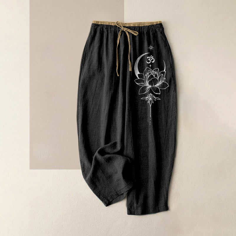 Buddha Stones Pantalon pour femme en pur coton, motif lotus, lune et Om, taille élastique et poches - Noir - US16，UK/AU20，EU48 (3XL) - image 0