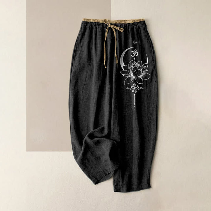 Buddha Stones Pantalon pour femme en pur coton, motif lotus, lune et Om, taille élastique et poches - Noir - US16，UK/AU20，EU48 (3XL) - image 0