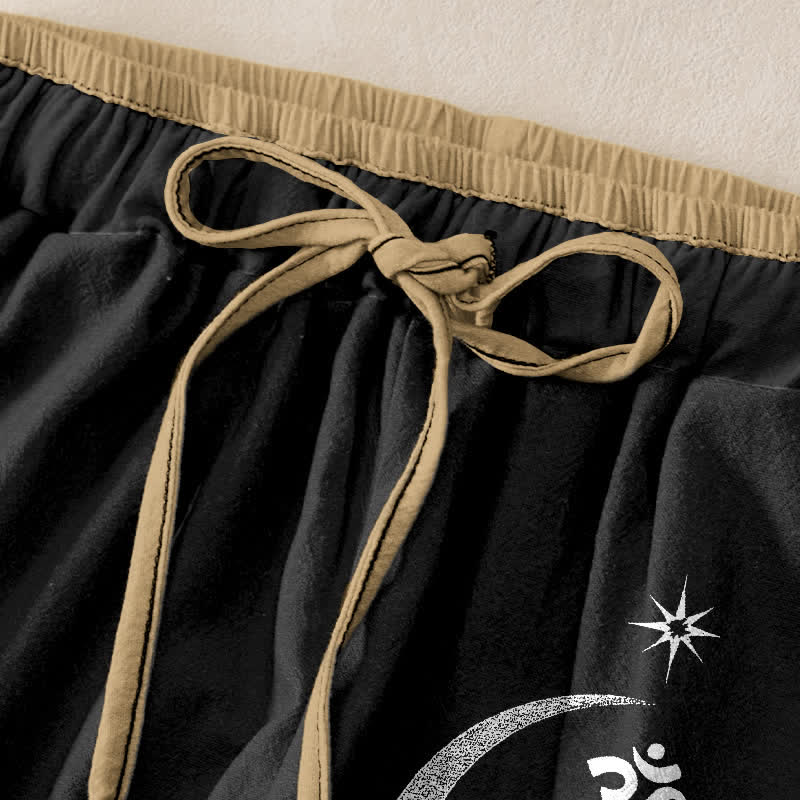 Buddha Stones Pantalon pour femme en pur coton, motif lotus, lune et Om, taille élastique et poches - image 1