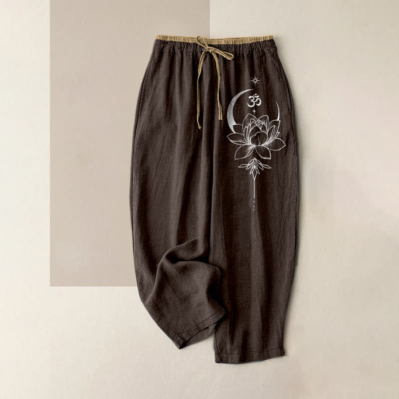 Buddha Stones Pantalon pour femme en pur coton, motif lotus, lune et Om, taille élastique et poches - SaddleBrown - US16，UK/AU20，EU48 (3XL) - image 4
