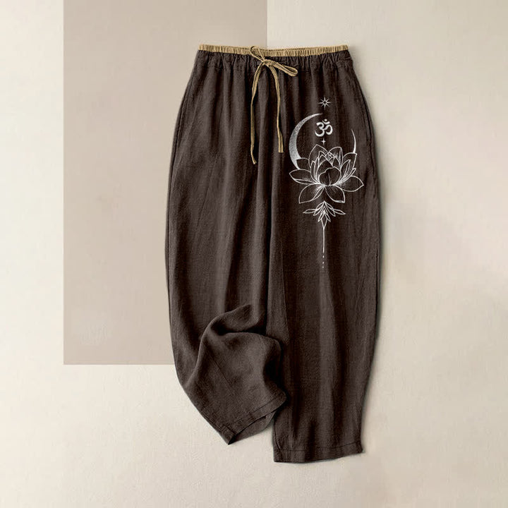 Buddha Stones Pantalon pour femme en pur coton, motif lotus, lune et Om, taille élastique et poches - SaddleBrown - US16，UK/AU20，EU48 (3XL) - image 4