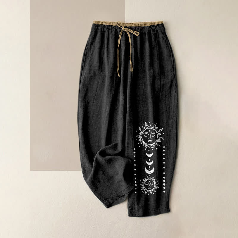 Buddha Stones Pantalon pour femme en pur coton, motif visage de soleil mystique, taille élastique et poches - Noir - US16，UK/AU20，EU48 (3XL) - image 0