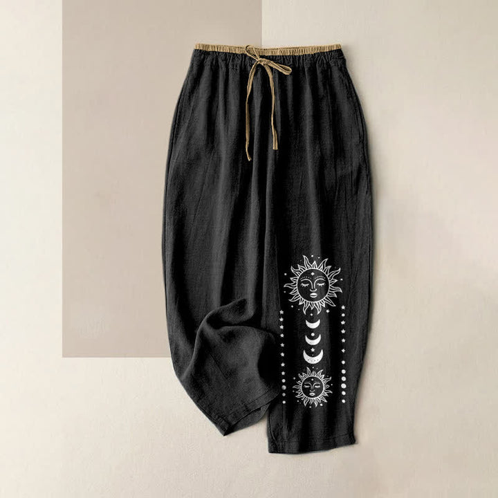 Buddha Stones Pantalon pour femme en pur coton, motif visage de soleil mystique, taille élastique et poches - Noir - US16，UK/AU20，EU48 (3XL) - image 0