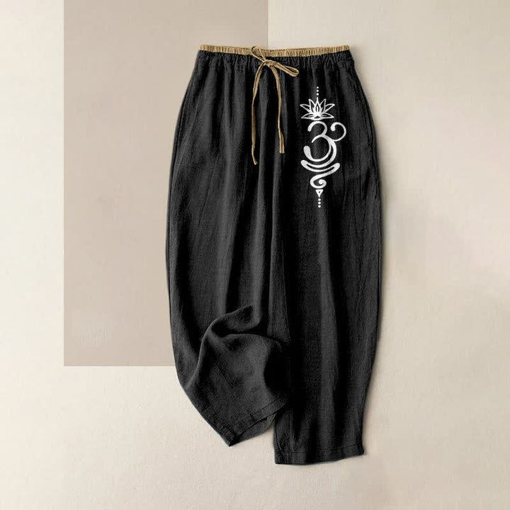 Buddha Stones Pantalon pour femme en pur coton avec motif spirituel Om Lotus, taille élastique et poches - Noir - US16，UK/AU20，EU48 (3XL) - image 0
