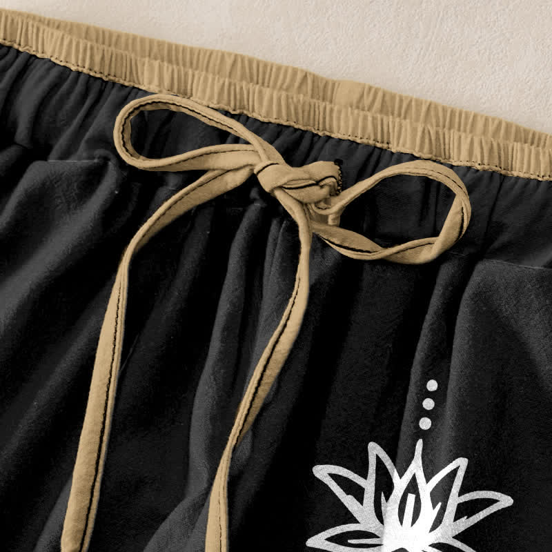 Buddha Stones Pantalon pour femme en pur coton avec motif spirituel Om Lotus, taille élastique et poches - image 1