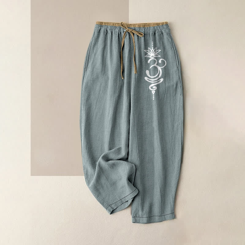 Buddha Stones Pantalon pour femme en pur coton avec motif spirituel Om Lotus, taille élastique et poches - Bleu clair - US16，UK/AU20，EU48 (3XL) - image 5
