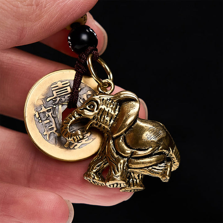 Buddha Stones Porte-clés porte-bonheur vintage en laiton avec éléphant et cinq pièces de l'empereur - image 14