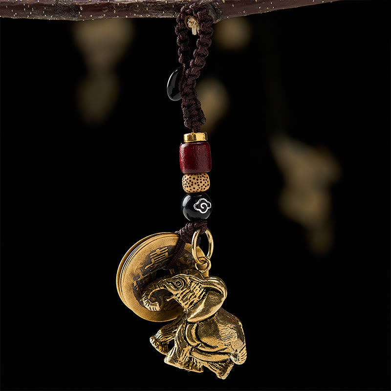 Buddha Stones Porte-clés porte-bonheur vintage en laiton avec éléphant et cinq pièces de l'empereur - Éléphant avec cordon nuageux de bon augure et cinq pièces d'empereur - image 10