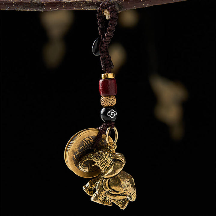 Buddha Stones Porte-clés porte-bonheur vintage en laiton avec éléphant et cinq pièces de l'empereur - Éléphant avec cordon nuageux de bon augure et cinq pièces d'empereur - image 10