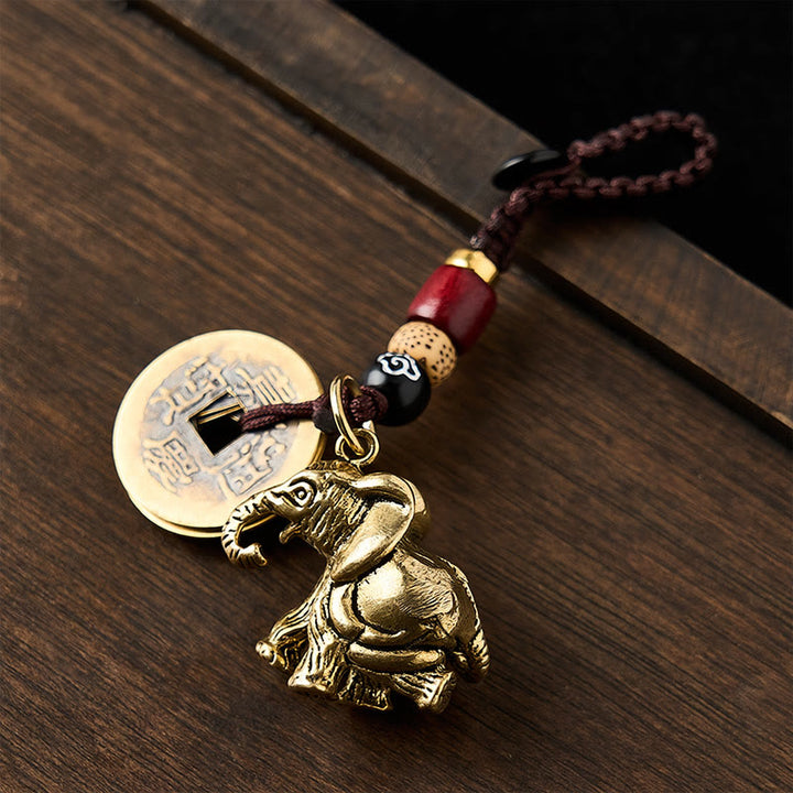 Buddha Stones Porte-clés porte-bonheur vintage en laiton avec éléphant et cinq pièces de l'empereur - image 11