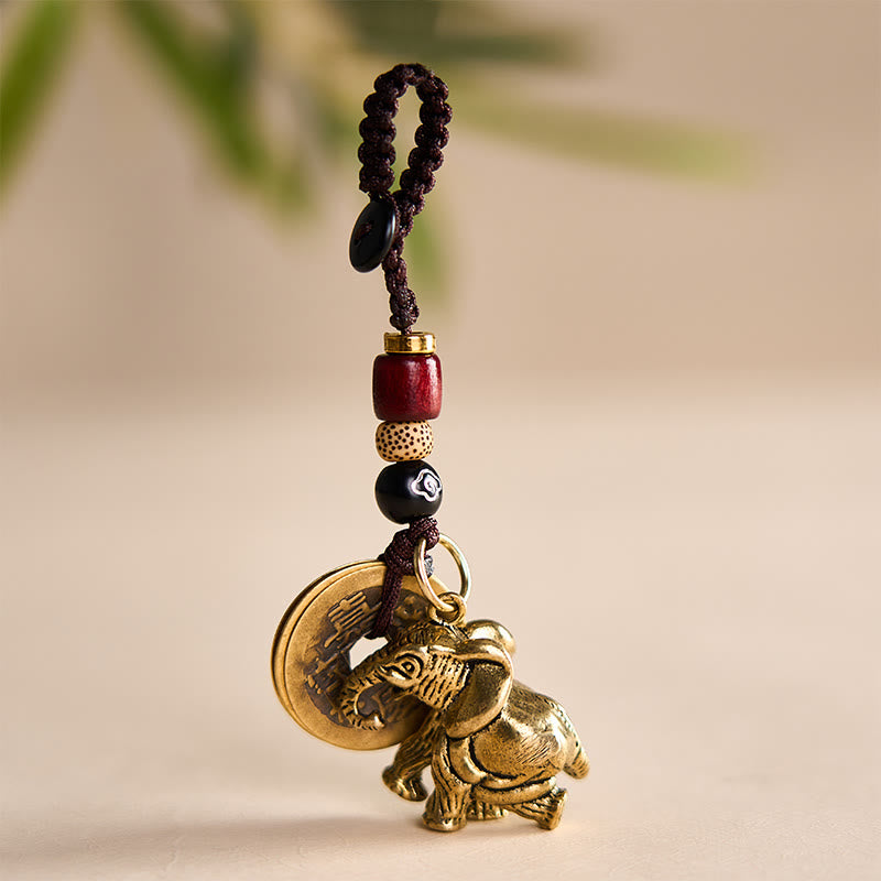 Buddha Stones Porte-clés porte-bonheur vintage en laiton avec éléphant et cinq pièces de l'empereur - image 13