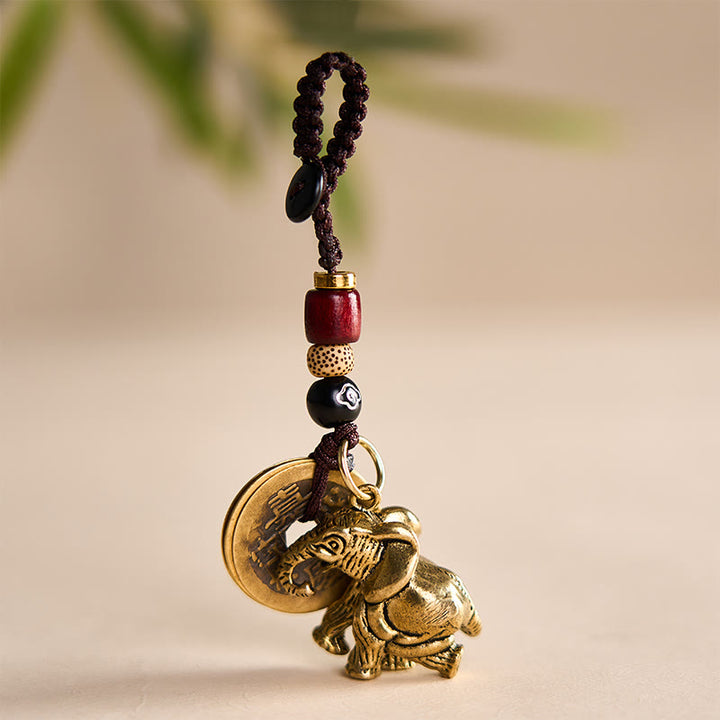 Buddha Stones Porte-clés porte-bonheur vintage en laiton avec éléphant et cinq pièces de l'empereur - image 13