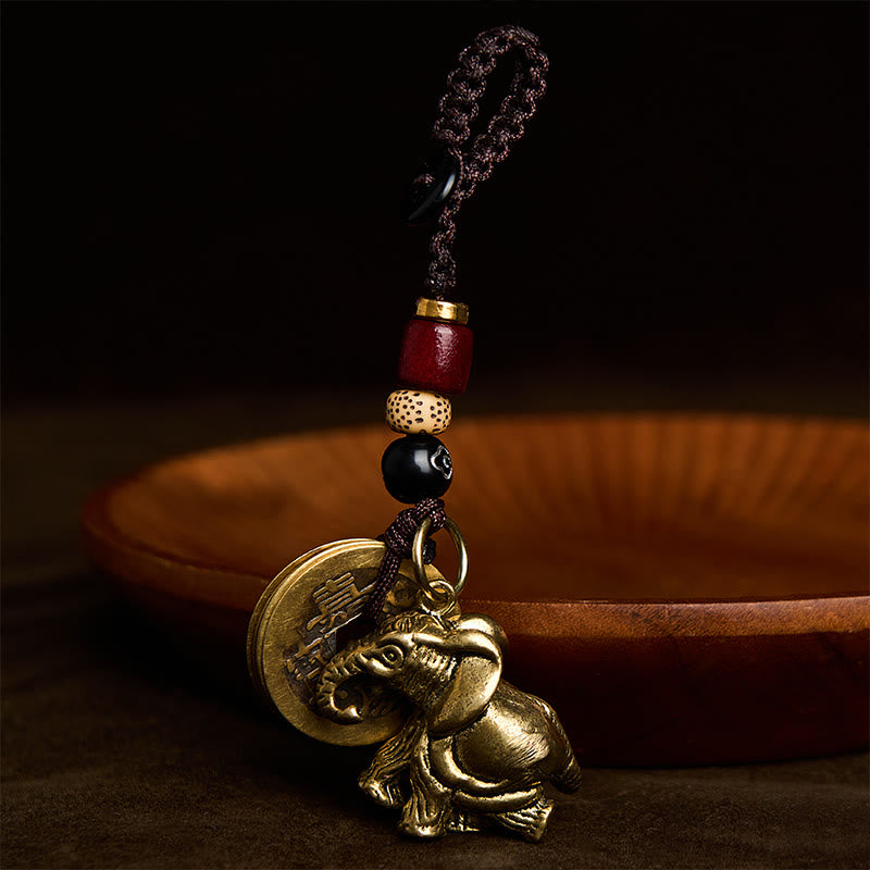 Buddha Stones Porte-clés porte-bonheur vintage en laiton avec éléphant et cinq pièces de l'empereur - image 12